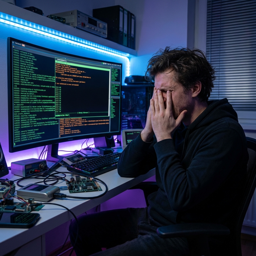 Frustrated developer looking at empty logs
